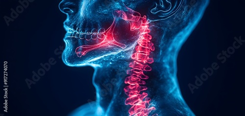 Striking depiction of acute jaw pain with highlighted red areas on a transparent blue anatomical render photo