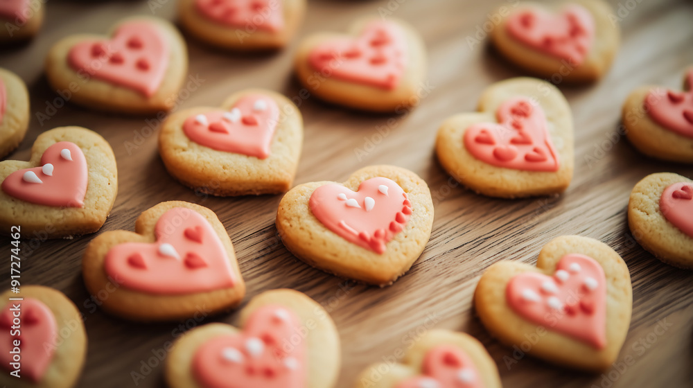 close up of heart-shaped cookies with pink icing, arranged on an oak table for Valentine's Day close up of heart-shaped cookies with pink icing, arranged on an oak table for Valentine's Day