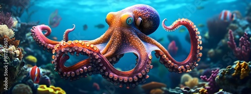 Wallpaper Mural A vibrant octopus swimming gracefully in the colorful coral reef Torontodigital.ca
