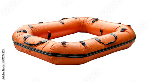 Orange life raft designed for safety and rescue operations. Durable and ready for marine adventures or emergencies, isolated on transparent background.