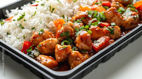 Black plastic rectangular container with Thai sweet and sour chicken, steamed rice, isolated on a white background, side view, food photography, delicious, studio shot, shadows from the sun, zoom out