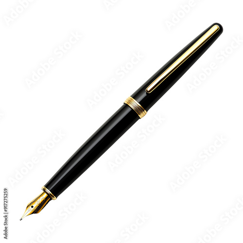 Elegant black fountain pen with gold accents, isolated on transparent background.