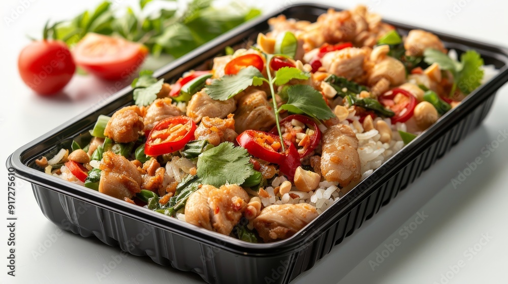 Black plastic rectangular container with Thai chicken larb and sticky rice, isolated on a white background, side view, food photography, delicious, studio shot, shadows from the sun, zoom out Black plastic rectangular container with Thai chicken larb and sticky rice, isolated on a white background, side view, food photography, delicious, studio shot, shadows from the sun, zoom out