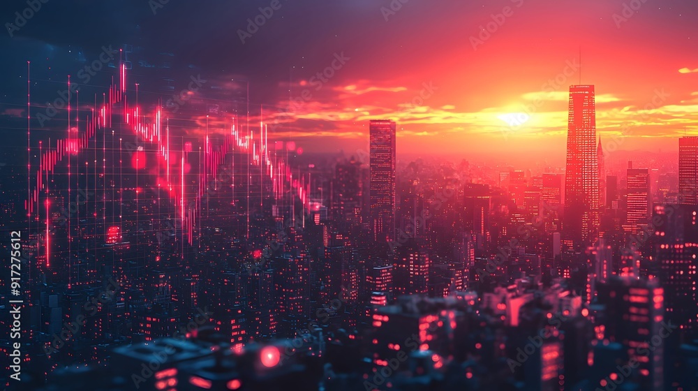 Cityscape with Stock Market Chart Overlay at Sunset. Cityscape with Stock Market Chart Overlay at Sunset.