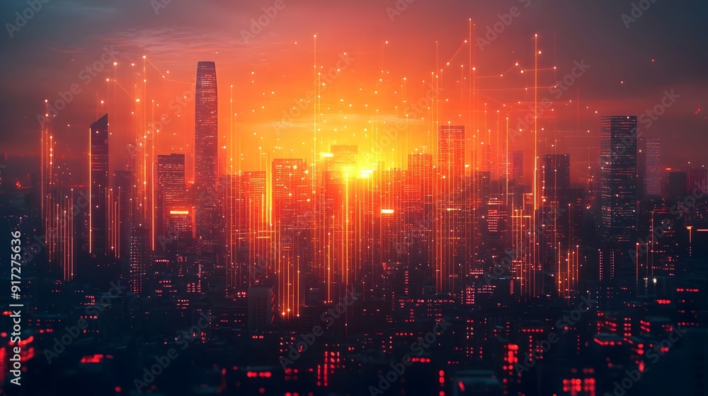 Fototapeta premium Cityscape with Digital Network and Red Glow.