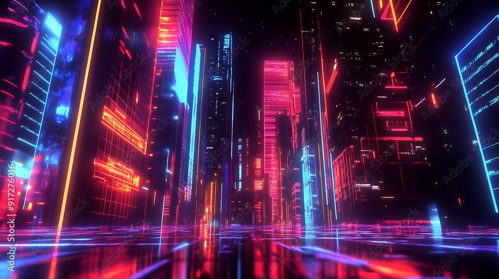 Fototapeta premium A Futuristic Cityscape with Neon Lights and Reflective Streets