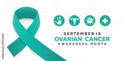 National Ovarian Cancer Awareness Month. Ribbon, hand, vagina, cancer and plus icon. Great for cards, banners, posters, social media and more. White background.

