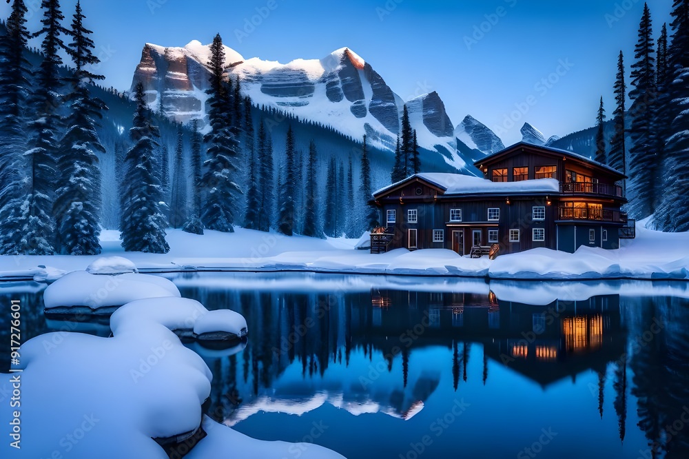 A wooden house in the mountains over the lake A wooden house in the mountains over the lake