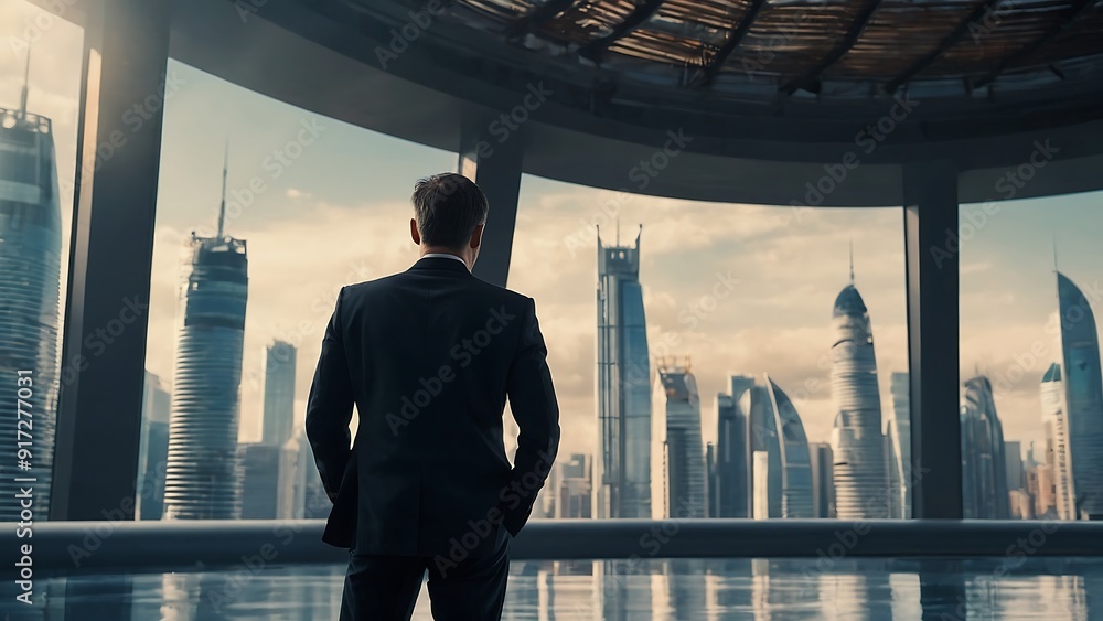 Fototapeta premium Successful businessman In Future High Tech City Background, corporate business People