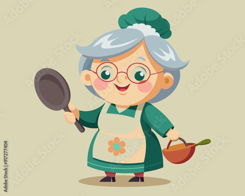 Grandma cooking. Cartoon of an old granny holding a pan.