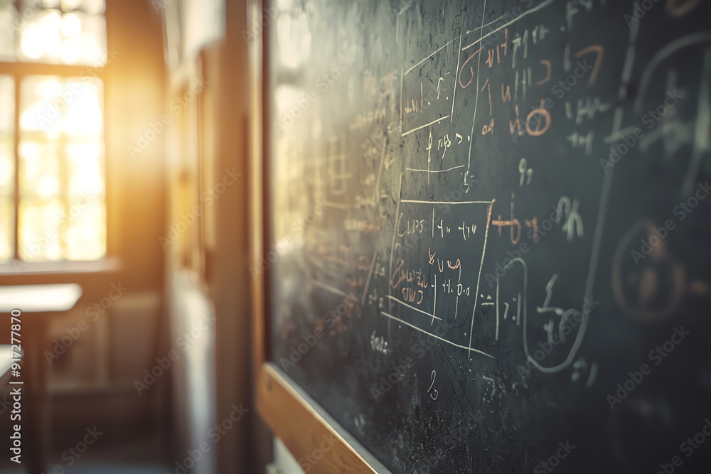 A close-up of a chalkboard filled with complex equations, illuminated by warm sunlight streaming through a classroom window. A close-up of a chalkboard filled with complex equations, illuminated by warm sunlight streaming through a classroom window.
