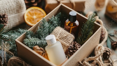 Self care package, seasonal gift box with zero waste organic cosmetics products for men. Personalized eco friendly basket for family and friends for thankgiving, christmas, fathers day photo