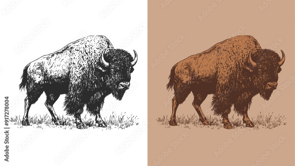 Naklejka premium north american bison in classic engraving style vector illustration