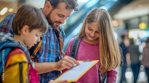 A father guides his children as they review plans at the airport, showcasing family travel moments and joyful exploration.