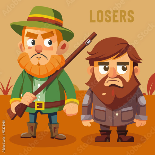 Hunters losers. Cartoon illustration of a hunters with a sad expression