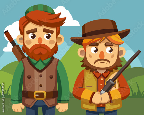 Hunters losers. Cartoon illustration of a hunters with a sad expression