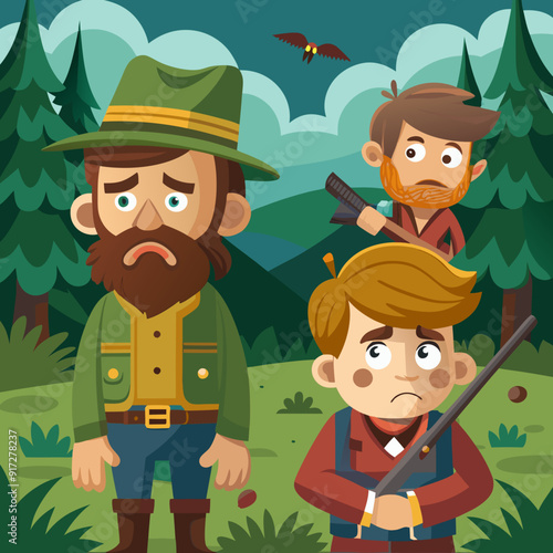 Hunters losers. Cartoon illustration of a hunters with a sad expression