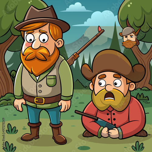 Hunters losers. Cartoon illustration of a hunters with a sad expression