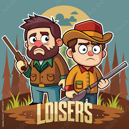 Hunters losers. Cartoon illustration of a hunters with a sad expression