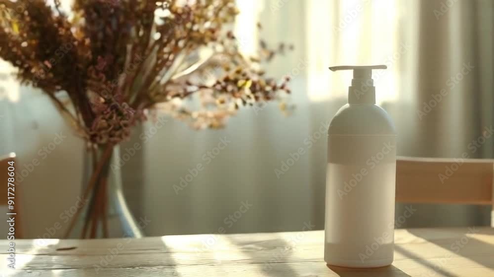 A mockup of a cosmetic bottle on a sunlit table, featured in a short AI-generated animation clip, with soft lighting creating a warm and inviting atmosphere. A mockup of a cosmetic bottle on a sunlit table, featured in a short AI-generated animation clip, with soft lighting creating a warm and inviting atmosphere.
