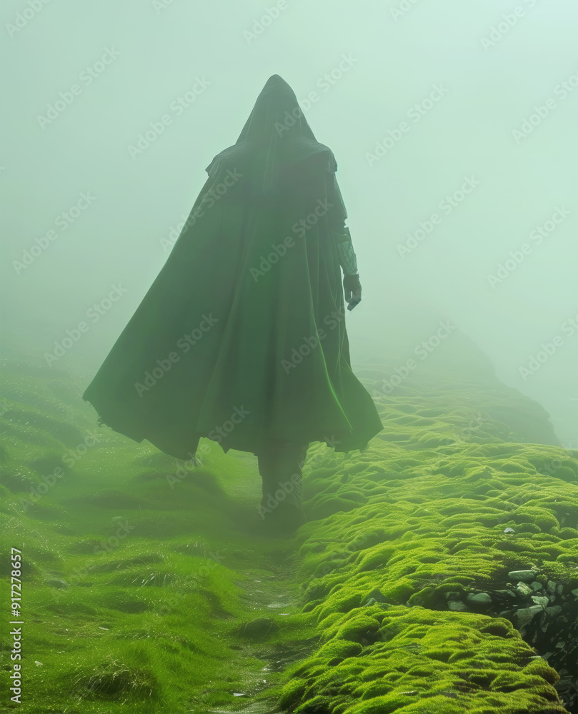 Cloaked figure walking along a misty, moss-covered path, creating a sense of mystery and adventure Cloaked figure walking along a misty, moss-covered path, creating a sense of mystery and adventure