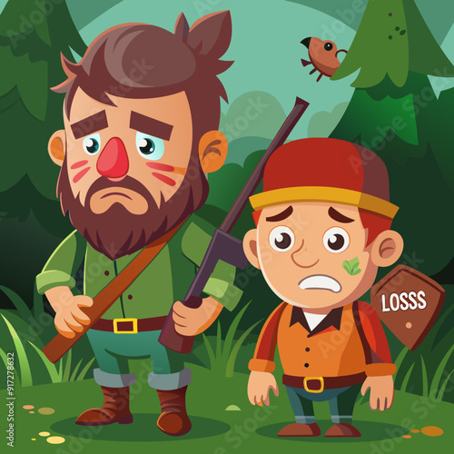 Hunters losers. Cartoon illustration of a hunters with a sad expression