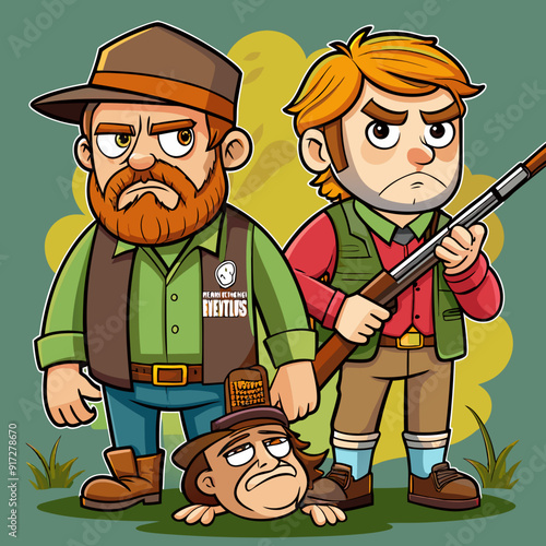 Hunters losers. Cartoon illustration of a hunters with a sad expression