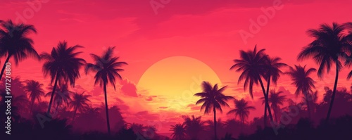 Tropical sunset with silhouetted palm trees and