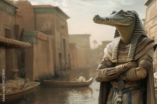 Crocodile-headed Egyptian god Sobek standing by a river in an ancient city, wearing traditional headdress photo