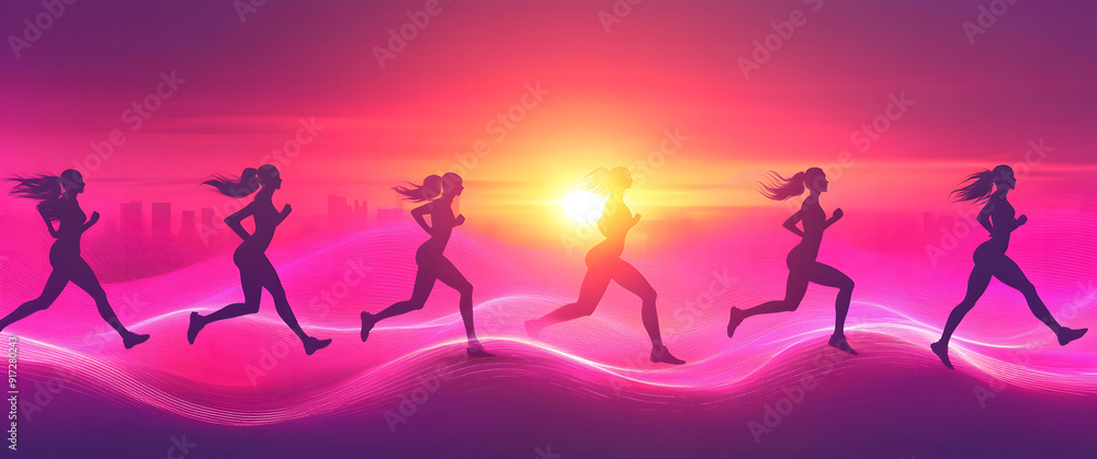 Silhouettes of five women running synchronized, set against a vibrant gradient background transitioning from orange to purple.