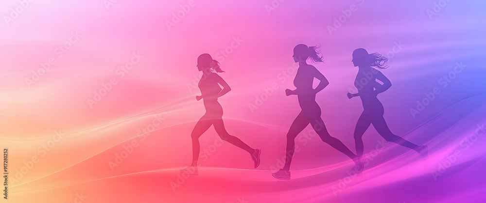 Silhouettes of five women running synchronized, set against a vibrant gradient background transitioning from orange to purple. Silhouettes of five women running synchronized, set against a vibrant gradient background transitioning from orange to purple.