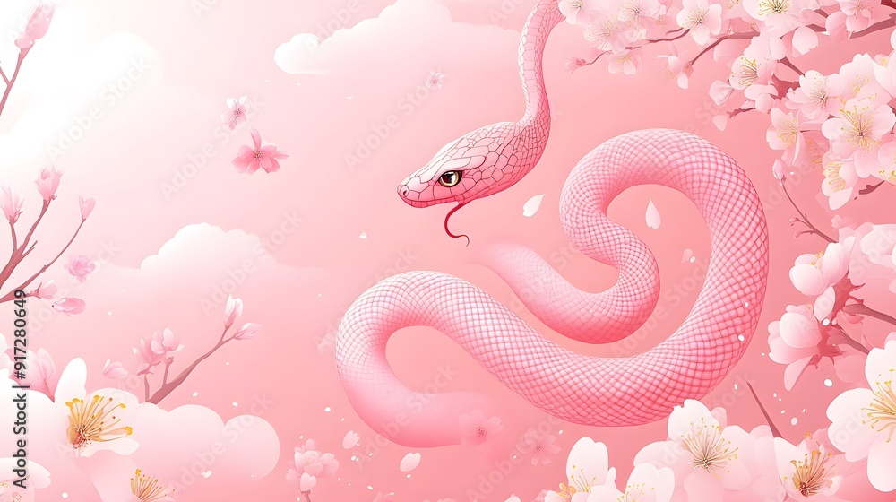 Obraz premium A pink snake is wrapped around cherry blossoms