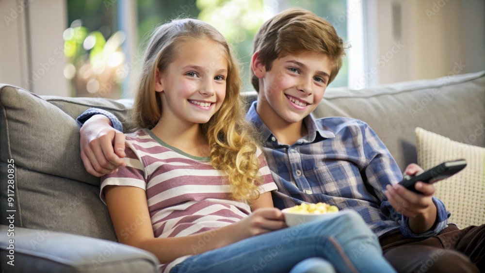 A back view shows a teenage brother and sister sharing enjoyable moments while watching television. A back view shows a teenage brother and sister sharing enjoyable moments while watching television.