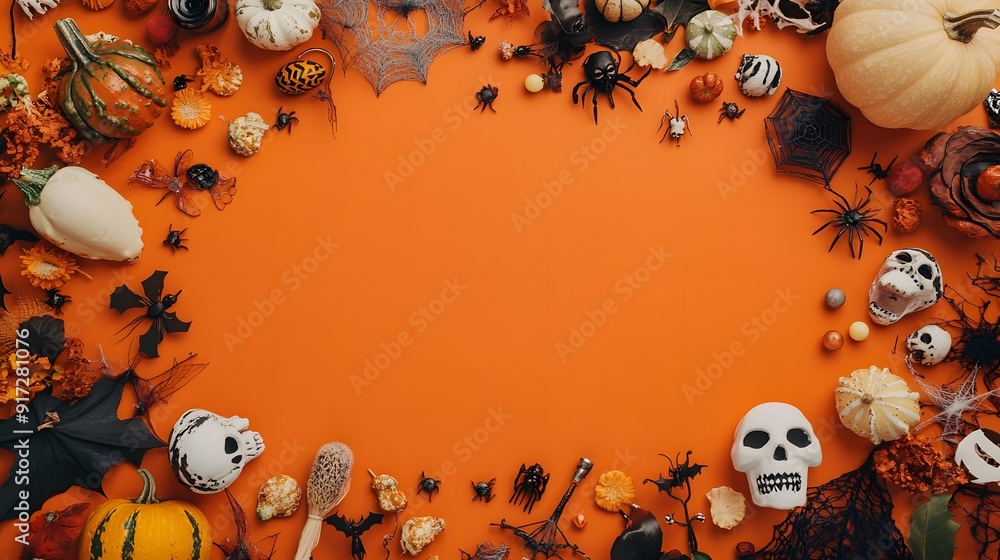 Fototapeta premium Halloween background with spooky elements on orange paper