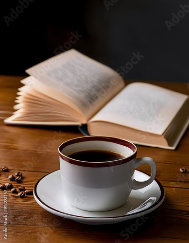 Cup of coffee and book on wooden table. Still life