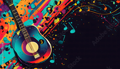 Music background with iconic music symbols. on a vibrant rainbow gradient backdrop. colorful paint splash design