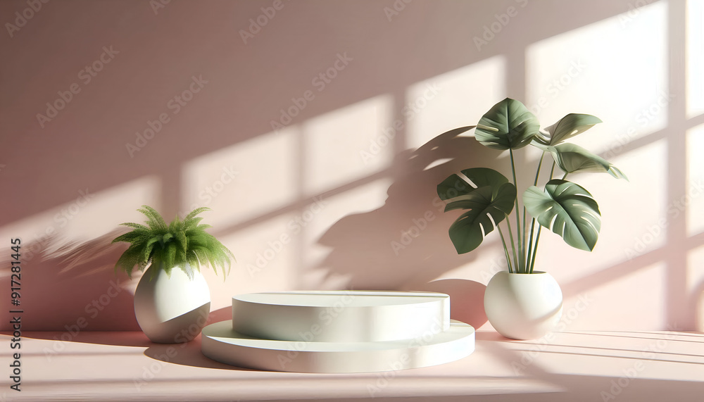 3D Render Pastel Pink Podiums With Soft Shadows And A White Vase With Tropical Leaves Casting A Shadow. Cosmetic Or Beauty Product Promotion, Abstract Minimal Advertise. Copy Space Mockup. 3D Render Pastel Pink Podiums With Soft Shadows And A White Vase With Tropical Leaves Casting A Shadow. Cosmetic Or Beauty Product Promotion, Abstract Minimal Advertise. Copy Space Mockup.
