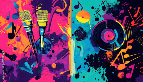 Music background with iconic music symbols. on a vibrant rainbow gradient backdrop. colorful paint splash design