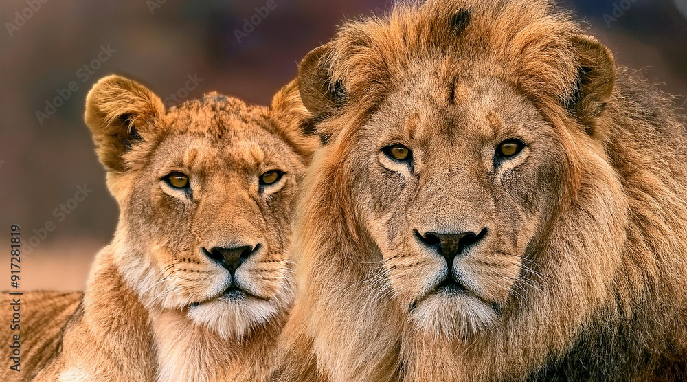 A lion and a lioness, fiercely angry, with their teeth bared, looking for a victim, portrait A lion and a lioness, fiercely angry, with their teeth bared, looking for a victim, portrait