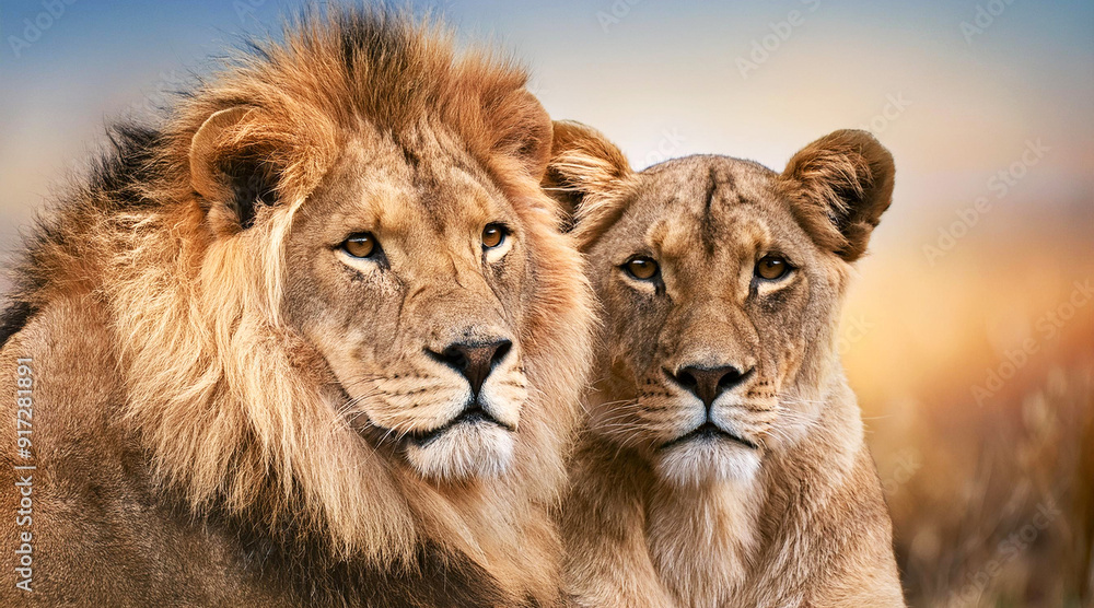 A lion and a lioness, fiercely angry, with their teeth bared, looking for a victim, portrait A lion and a lioness, fiercely angry, with their teeth bared, looking for a victim, portrait