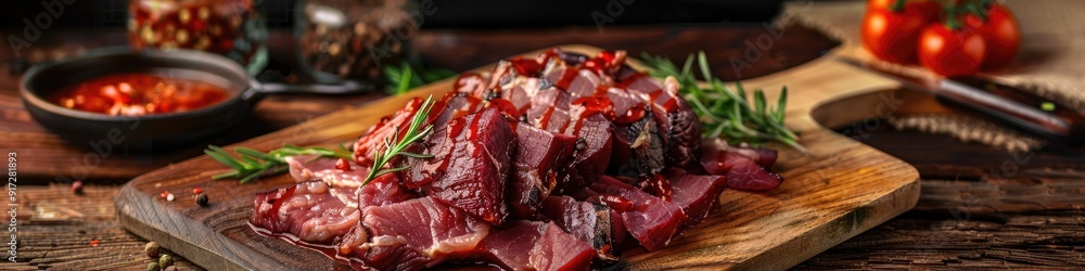 Fresh Iberian pig secreto fillet with condiments ready for roasting on a wooden cutting board Fresh Iberian pig secreto fillet with condiments ready for roasting on a wooden cutting board
