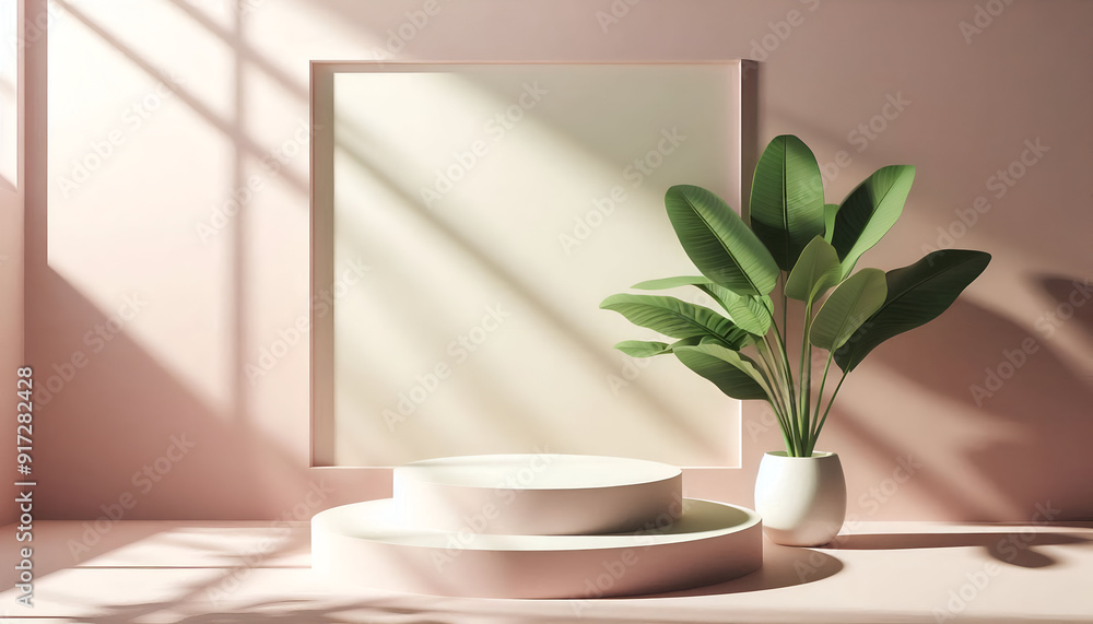3D Render Pastel Pink Podiums With Soft Shadows And A White Vase With Tropical Leaves Casting A Shadow. Cosmetic Or Beauty Product Promotion, Abstract Minimal Advertise. Copy Space Mockup. 3D Render Pastel Pink Podiums With Soft Shadows And A White Vase With Tropical Leaves Casting A Shadow. Cosmetic Or Beauty Product Promotion, Abstract Minimal Advertise. Copy Space Mockup.