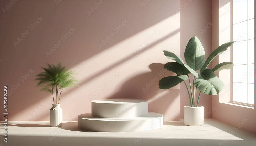 3D Render Pastel Pink Podiums With Soft Shadows And A White Vase With Tropical Leaves Casting A Shadow. Cosmetic Or Beauty Product Promotion, Abstract Minimal Advertise. Copy Space Mockup. 3D Render Pastel Pink Podiums With Soft Shadows And A White Vase With Tropical Leaves Casting A Shadow. Cosmetic Or Beauty Product Promotion, Abstract Minimal Advertise. Copy Space Mockup.