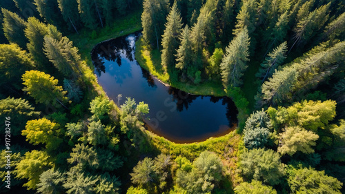 Aerial view of lush forest with river cutting through the dense greenery on a clear sunny day.