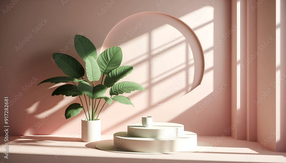 3D Render Pastel Pink Podiums With Soft Shadows And A White Vase With Tropical Leaves Casting A Shadow. Cosmetic Or Beauty Product Promotion, Abstract Minimal Advertise. Copy Space Mockup. 3D Render Pastel Pink Podiums With Soft Shadows And A White Vase With Tropical Leaves Casting A Shadow. Cosmetic Or Beauty Product Promotion, Abstract Minimal Advertise. Copy Space Mockup.