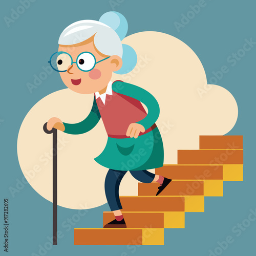An elderly lady climbing a stair. Granny walks upstairs. Old lady climbing a stair. Grandma with a stick