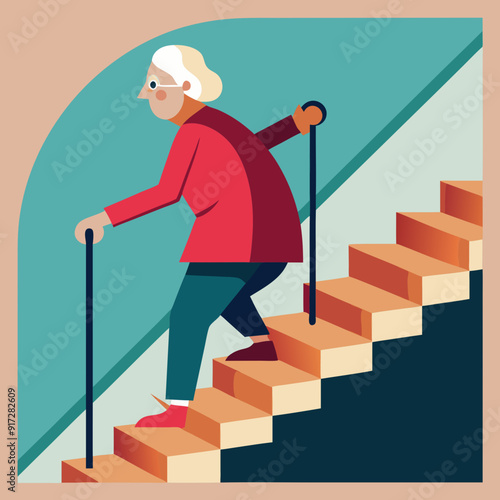 An elderly lady climbing a stair. Granny walks upstairs. Old lady climbing a stair. Grandma with a stick