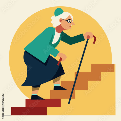 An elderly lady climbing a stair. Granny walks upstairs. Old lady climbing a stair. Grandma with a stick