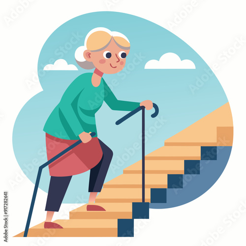 An elderly lady climbing a stair. Granny walks upstairs. Old lady climbing a stair. Grandma with a stick