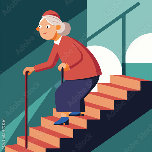 An elderly lady climbing a stair. Granny walks upstairs. Old lady climbing a stair. Grandma with a stick